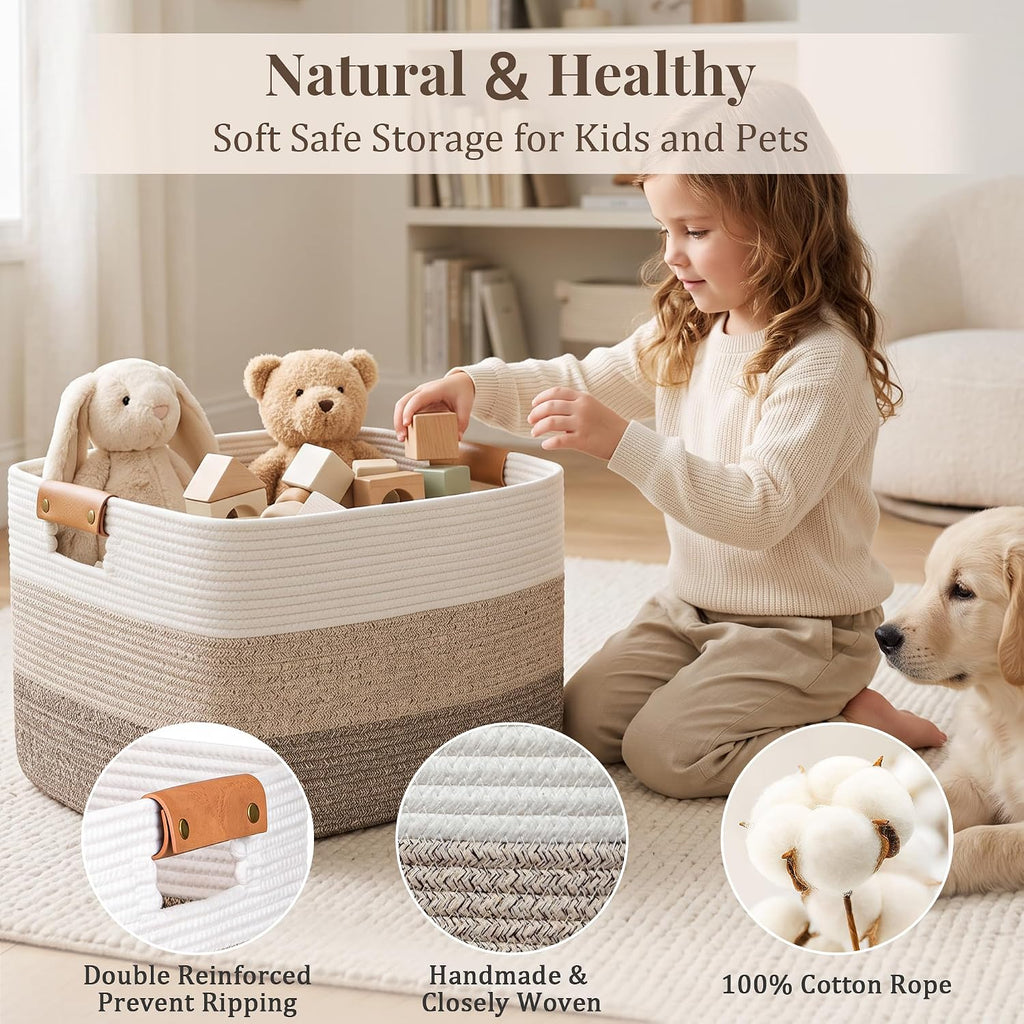 danpinera Blanket Basket, 72L Woven Storage basket with Leather Handle, Eco-friendly Decorative Storage Organization in Bathroom & Living Room for Towels 22 ''*17 ''*11.8 '', Gradient Brown