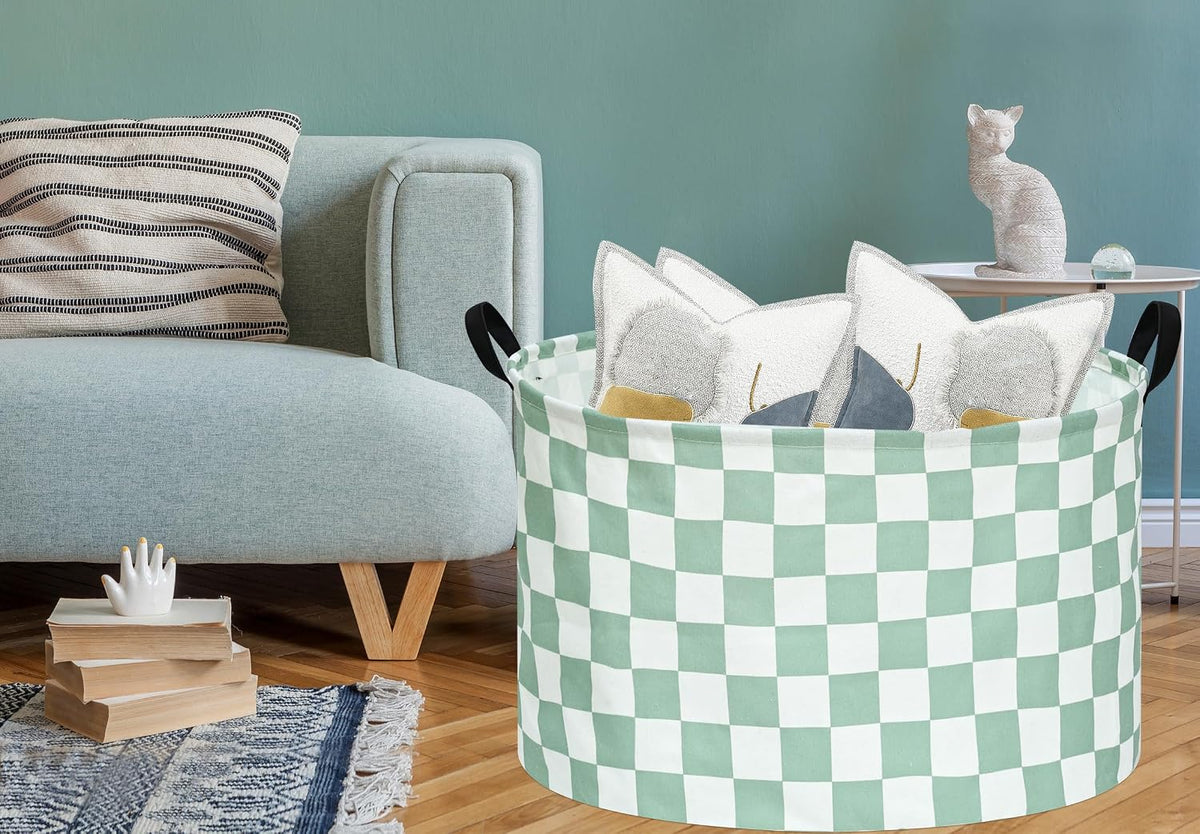 MAIZMZ Sage Checkered Storage Basket Extra Large 80L Kids Hamper Baby Laundry Basket Waterproof Toys Car Organizer Collapsible Canvas for Home/Dorm/Pet/Office/Closet/Shelf/Gift Baskets
