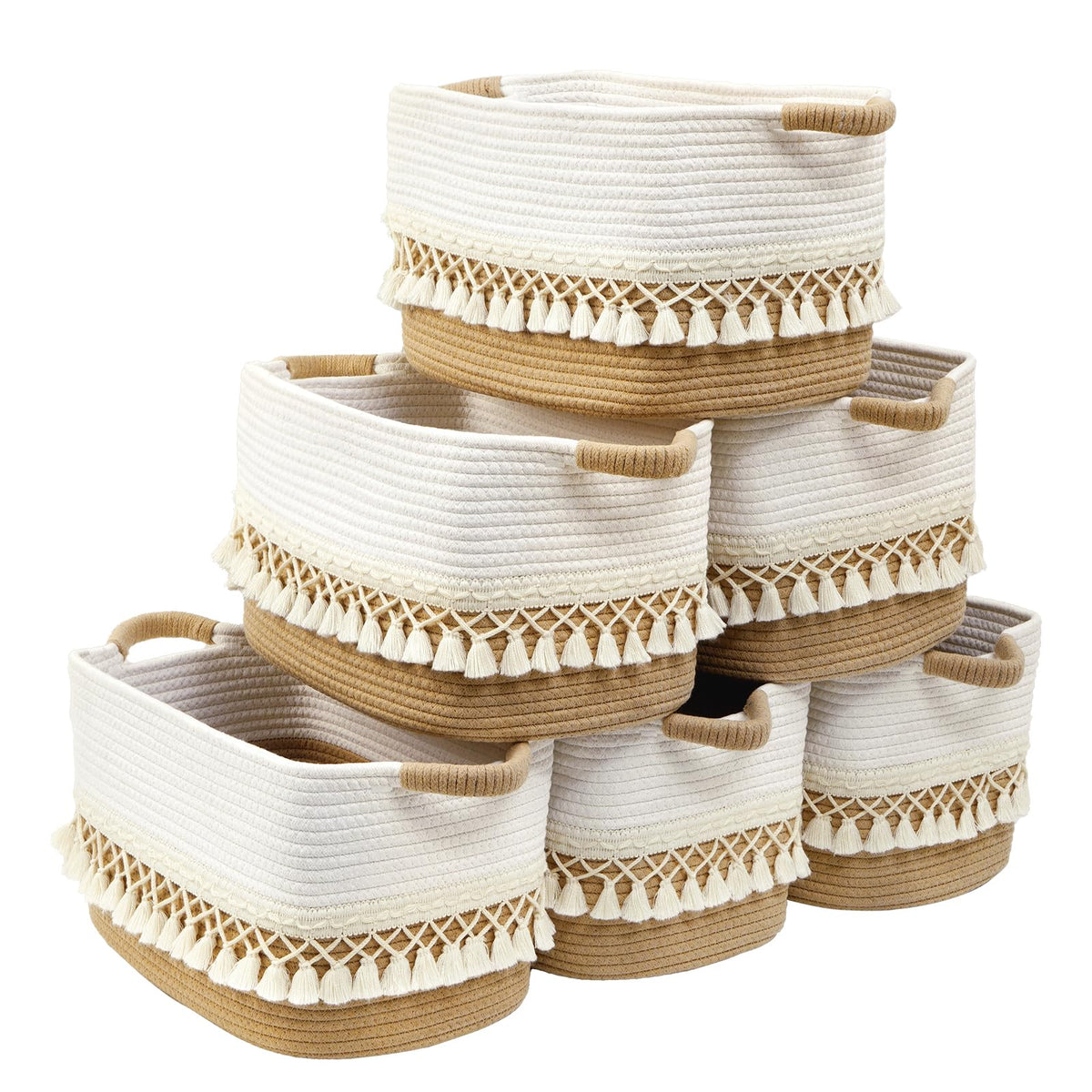 2 Pack Storage Basket for Shelves, Boho Cotton Rope Storage Bins with Heavy Tassel, Shelf Baskets Large Woven Baskets for Organizing, Cube Organizer Bins, Baby Laundry Basket for Clothes, Toys, Pets