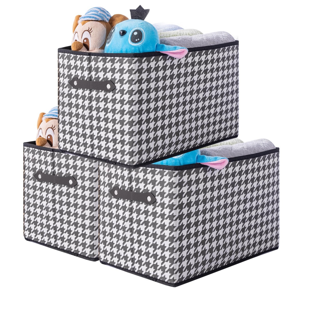 1 Pack Large Collapsible Storage Baskets for Shelves,14.9"x9.5" Fabric Closet storage Boxes with Leather Handles,Decorative Organizers Storage Bins for Clothes,Sheets,Books,(Purple Houndstooth