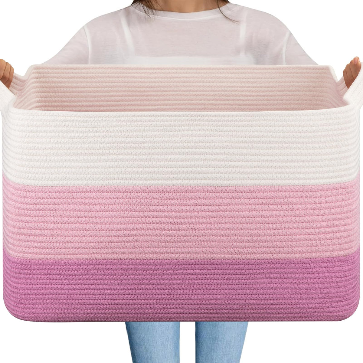 OIAHOMY Large Blanket Basket, 65L Cotton Rope Woven Laundry Basket, Toy Bin for Baby Room, Container for Blanket Storage in Living Room, 20''×16''×12'', Gradient Brown