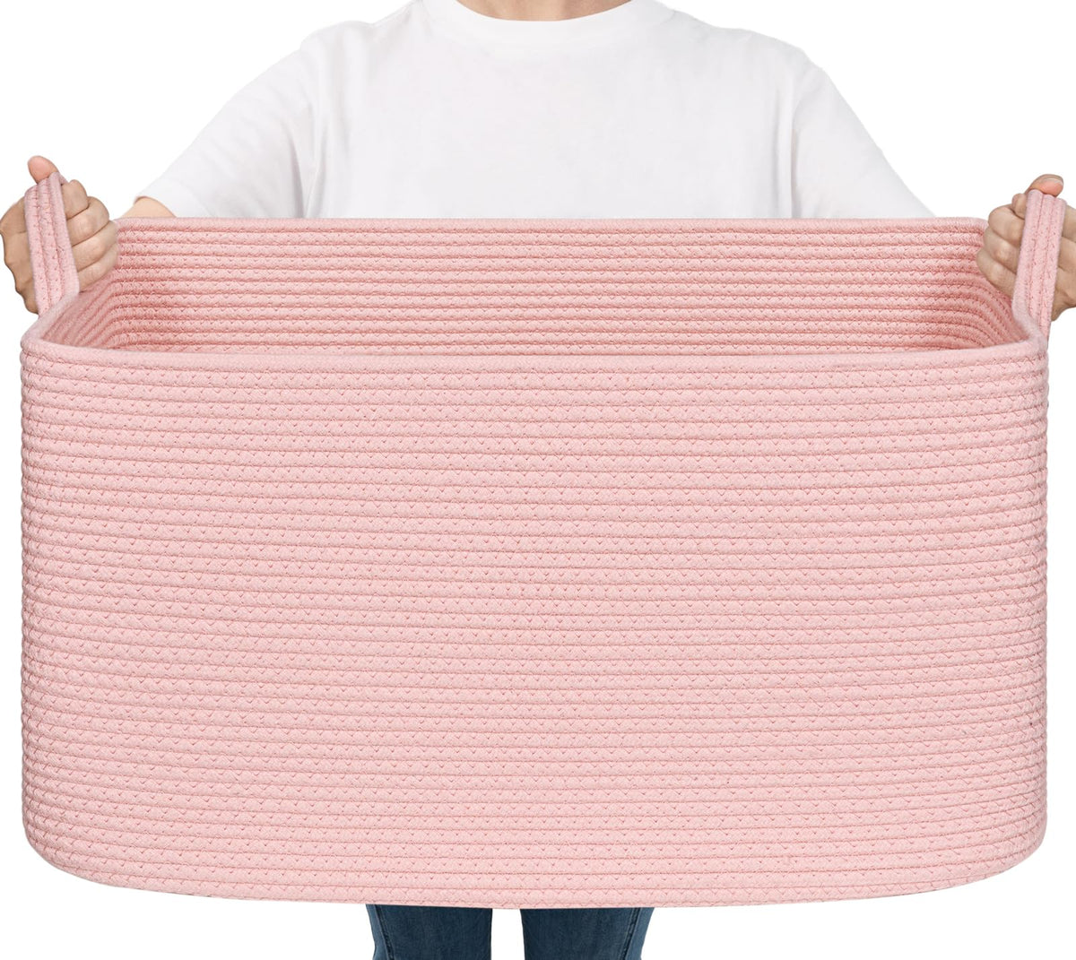 Goodpick Large Woven Rope Blanket Basket, Rectangle, White & Light Brown