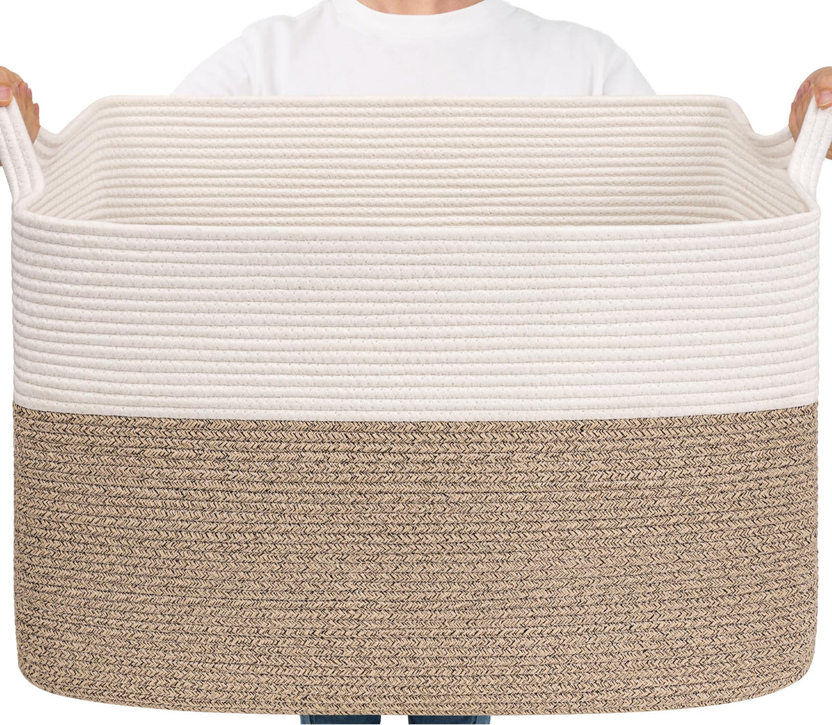 Goodpick Large Woven Rope Blanket Basket, Rectangle, White & Light Brown