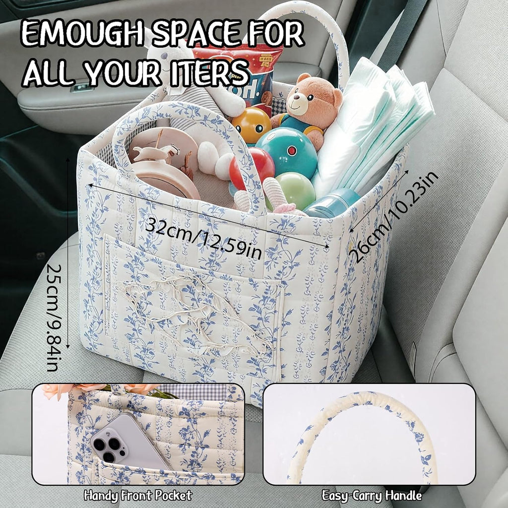 Quilted Fabric Car Storage Basket with Handles & Pocket, Foldable Laundry Hamper Boho Floral Print Organizer Bin for Home, Picnic, Office Nursery Cloth Toy 12"x10"x10" (Style E)