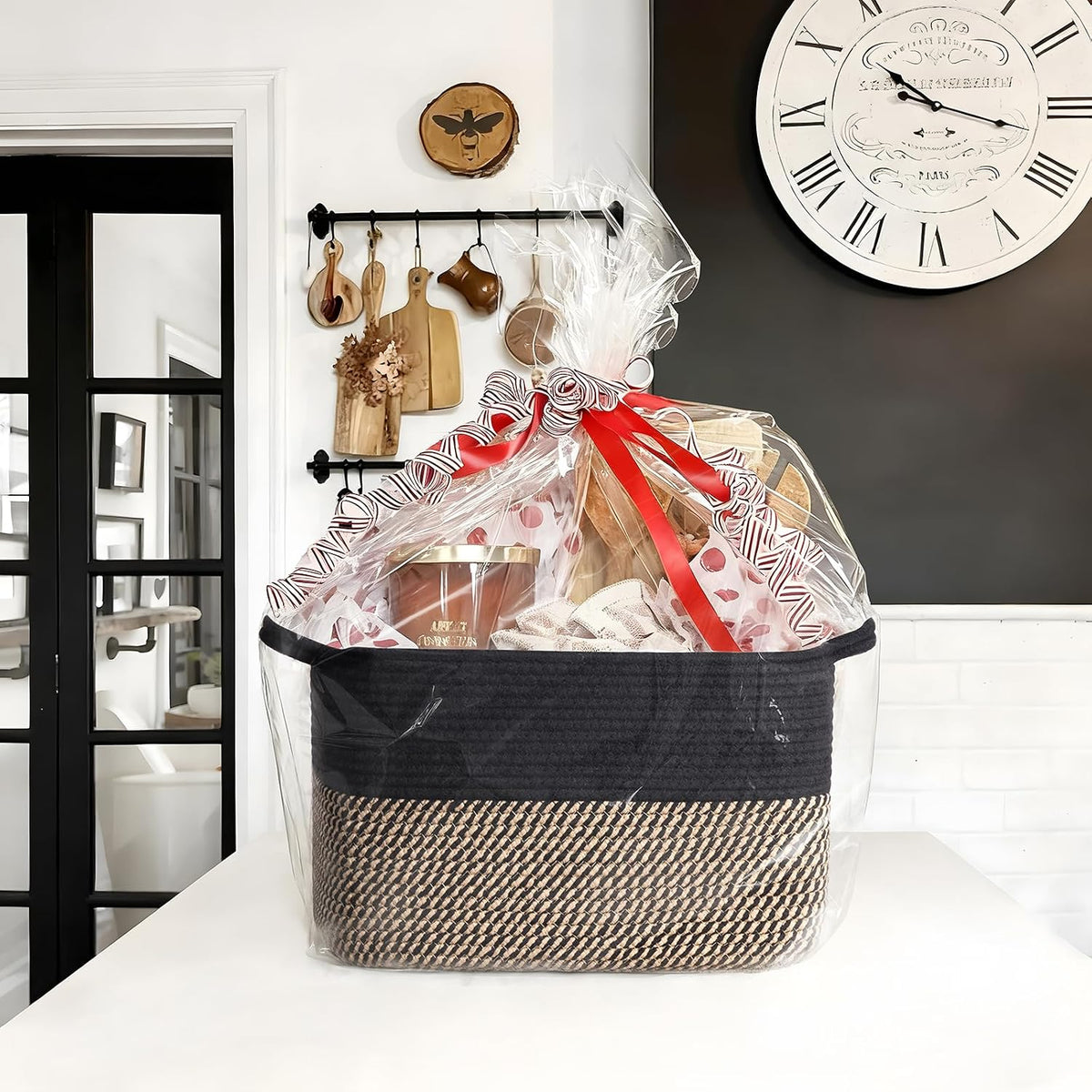 Goodpick Woven Storage Basket for Shelves, 13" x 10" x 9", Black Jute