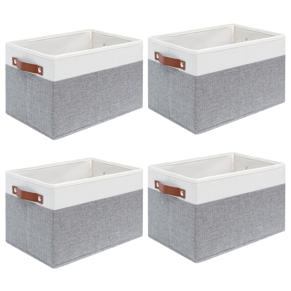 6 Pack Fabric Storage Baskets with Handles (White with Beige,15" L*10.2" W*9" H)