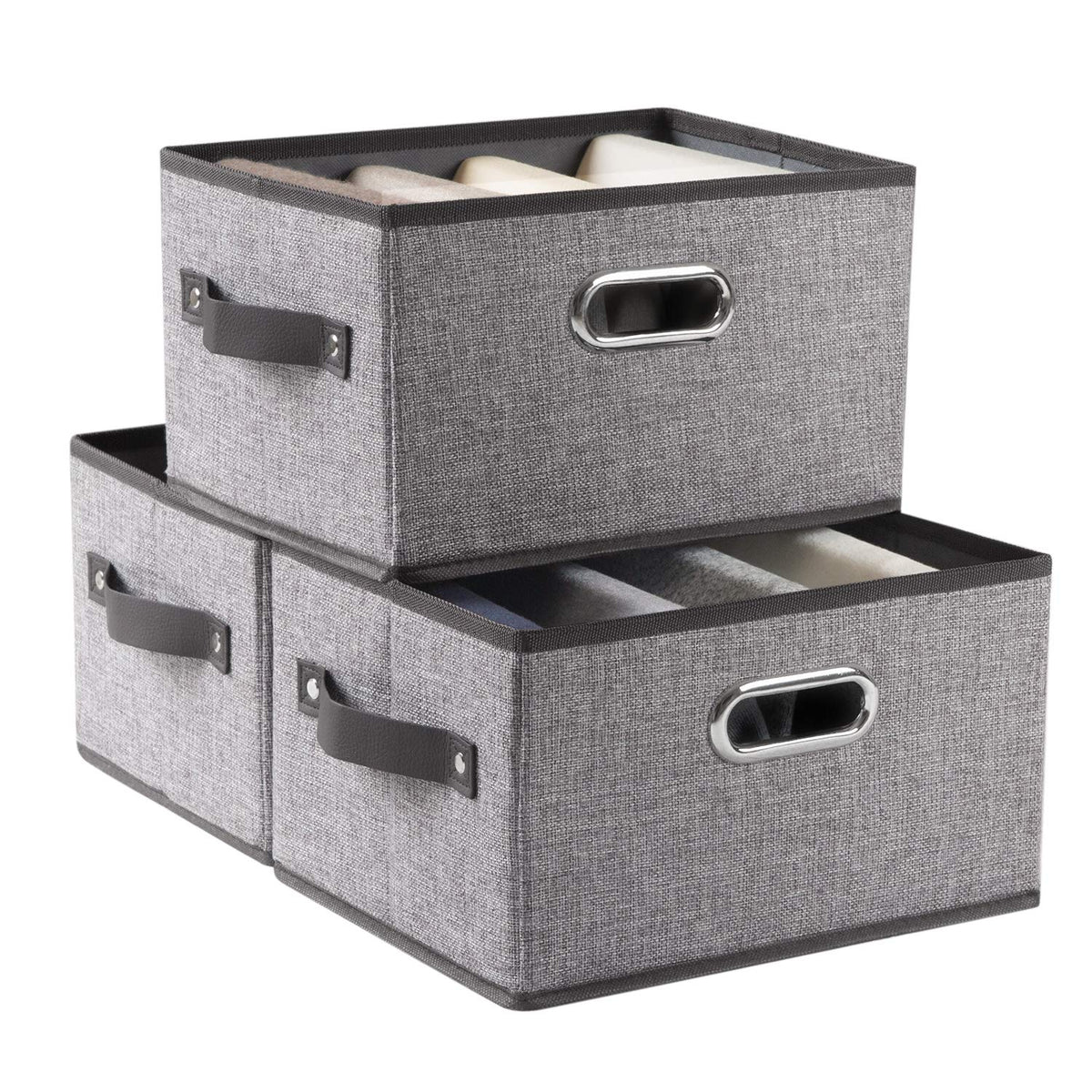 PRANDOM Large Foldable Storage Bins for Shelves [3-pack] Decorative Linen Fabric Storage Baskets Cubes with Leather/Metal Handles for Closet Nursery Office Grey and Black Trim (14.9x9.8x8.3 Inch)