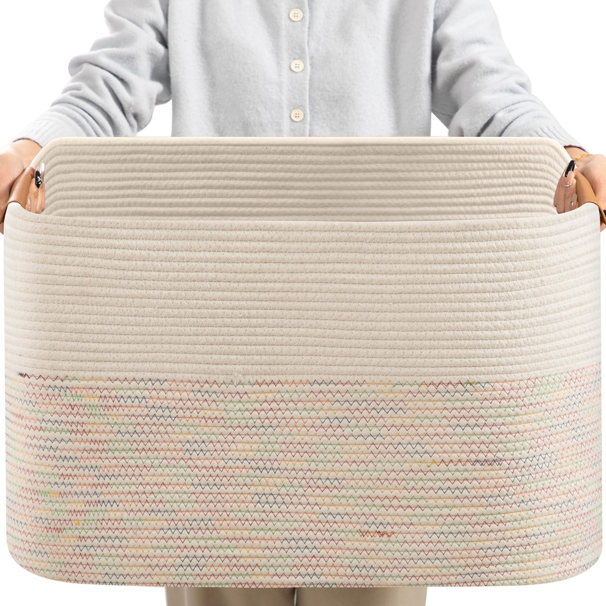 danpinera Blanket Basket, 72L Woven Storage basket with Leather Handle, Eco-friendly Decorative Storage Organization in Bathroom & Living Room for Towels 22 ''*17 ''*11.8 '', Gradient Brown