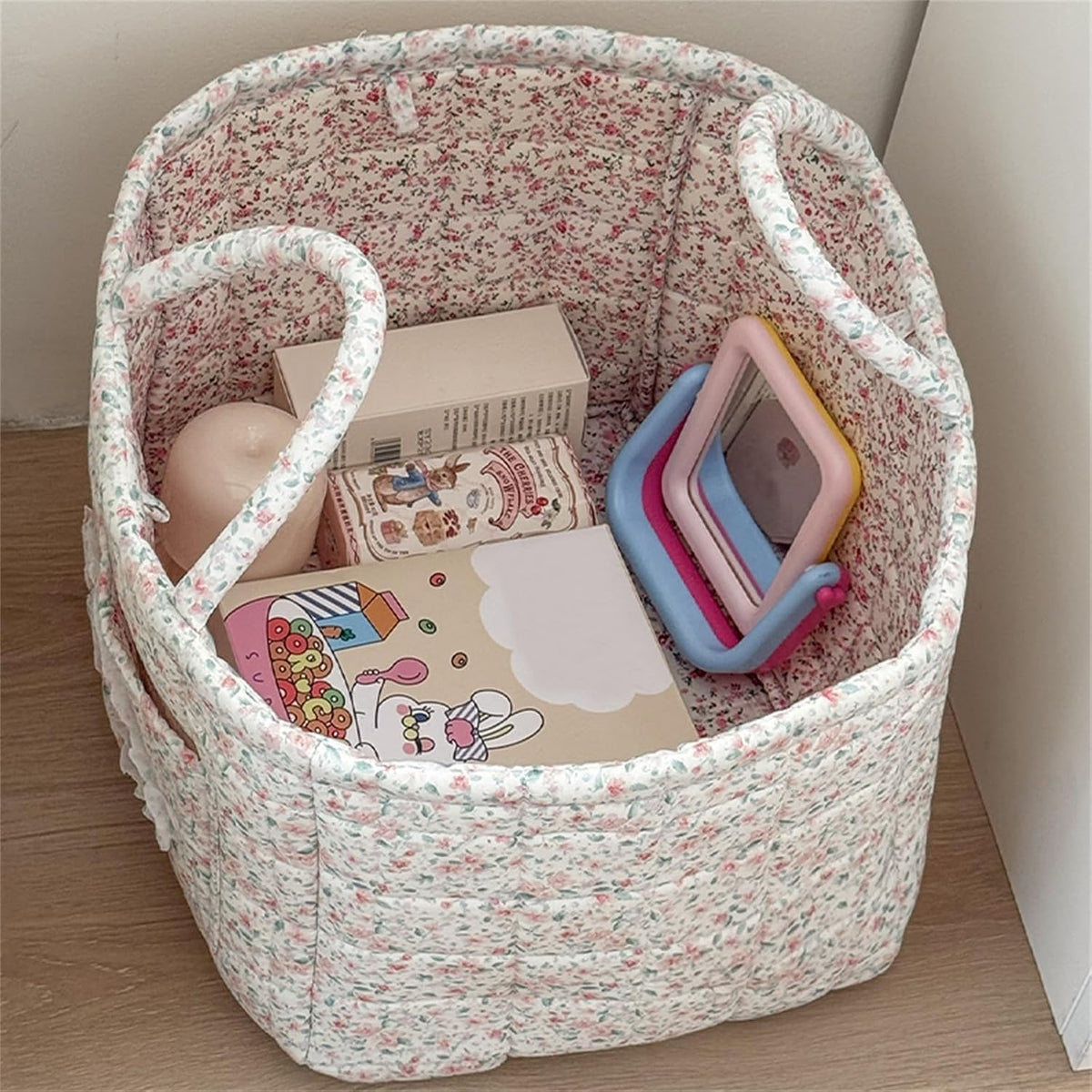 Boho Fabric Storage Basket Quilted Floral Print Baskets Organizer Bin with Handles for Home, Picnic, Shopping (Green, L)