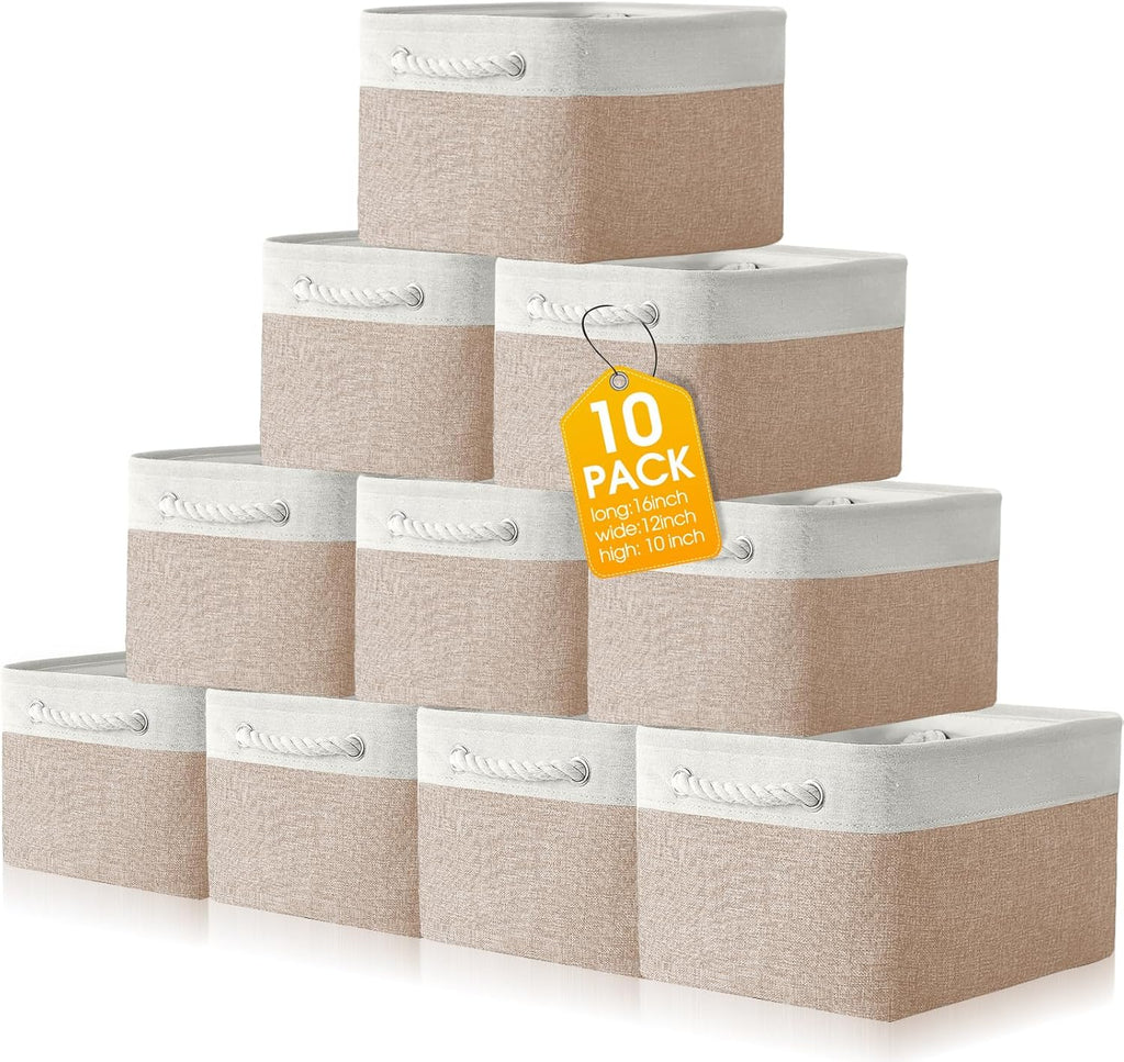 FoldTier 10 Pack Large Collapsible Fabric Storage Baskets with Handles Decorative Storage Bins for Organizing Shelves Toys Clothes(White & Beige,16 x 12 x 10 Inches)