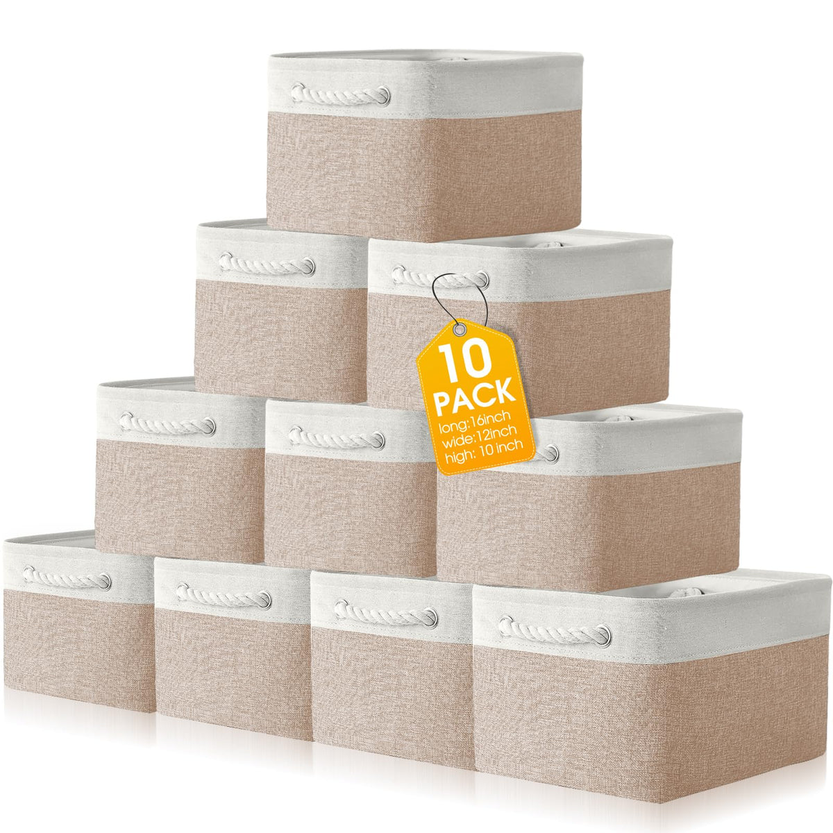 FoldTier 10 Pack Large Collapsible Fabric Storage Baskets with Handles Decorative Storage Bins for Organizing Shelves Toys Clothes(White & Beige,16 x 12 x 10 Inches)