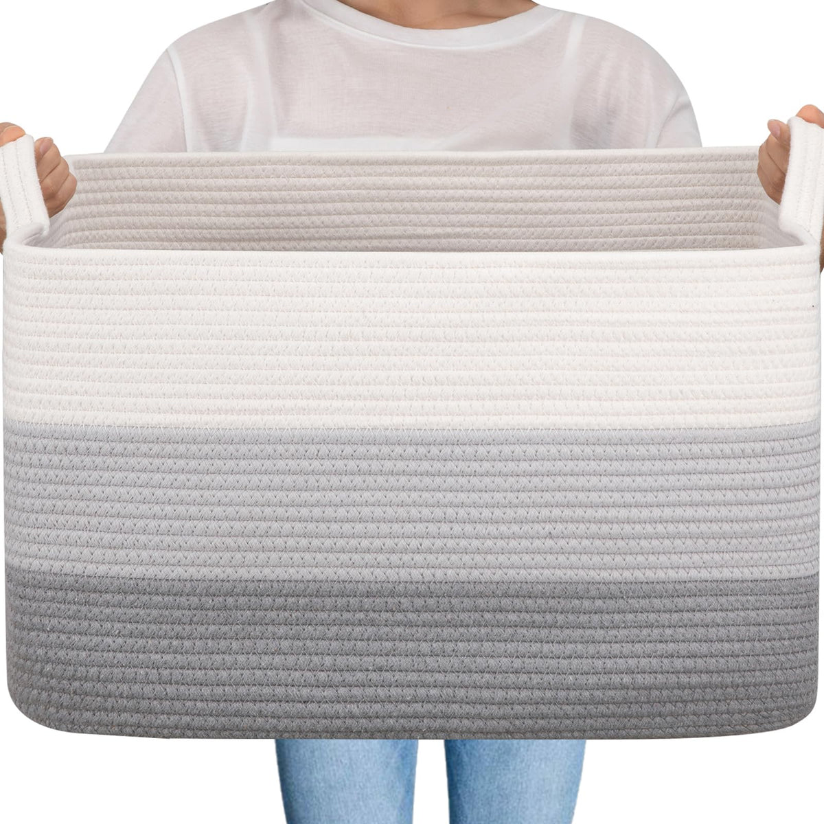 OIAHOMY Large Blanket Basket, 65L Cotton Rope Woven Laundry Basket, Toy Bin for Baby Room, Container for Blanket Storage in Living Room, 20''×16''×12'', Gradient Brown