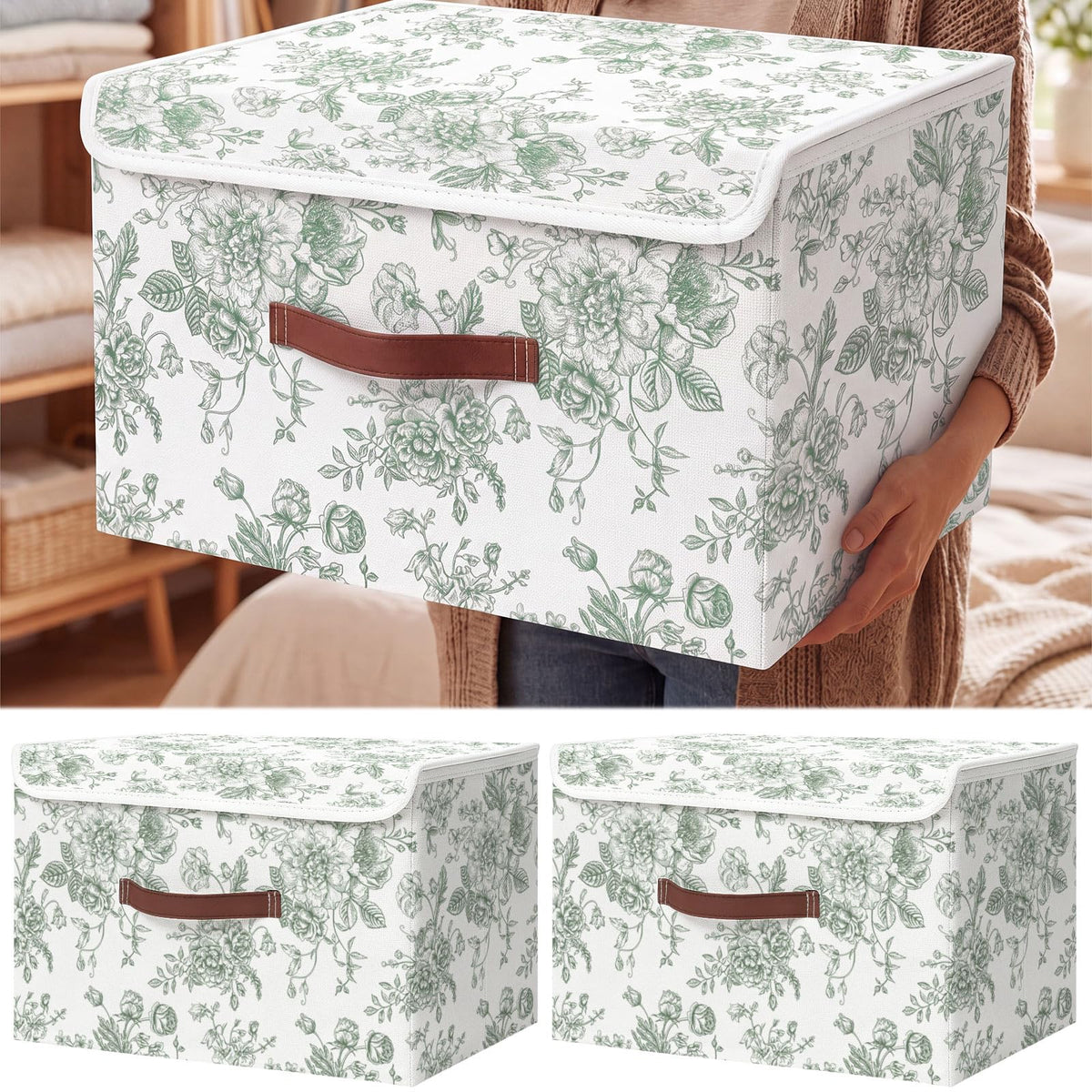 2 Pack Sage Green Floral Storage Bin with Lids, 15x10x10 Inch
