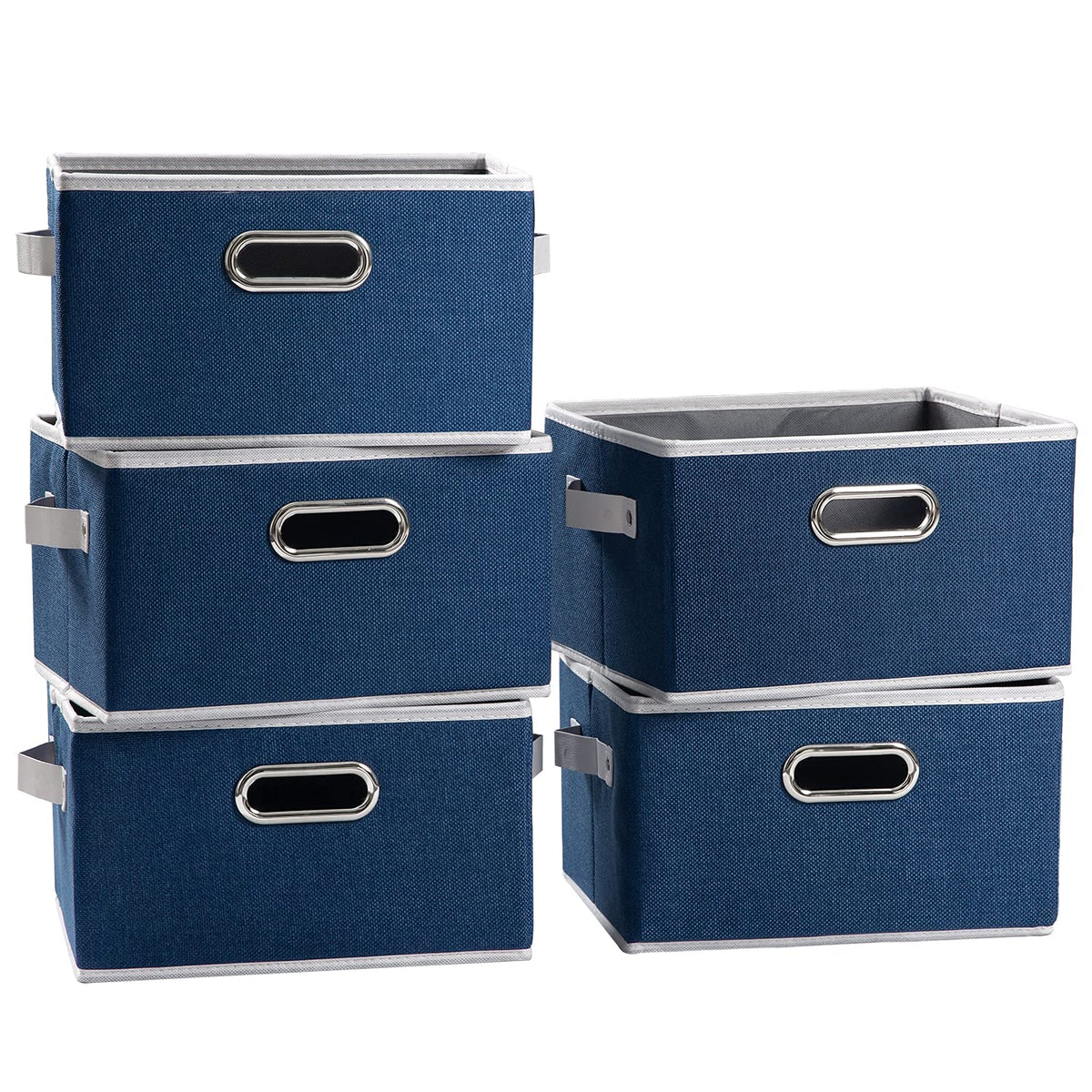 PRANDOM Large Foldable Storage Bins for Shelves [3-pack] Decorative Linen Fabric Storage Baskets Cubes with Leather/Metal Handles for Closet Nursery Office Grey and Black Trim (14.9x9.8x8.3 Inch)