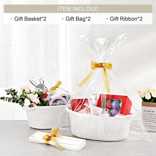 2 Pack Small Woven Basket with Gift Bags and Ribbons, Empty Decorative Gift Chest Box, Cute Baby Gift Basket for Nursery, Cotton Rope Room Shelf Storage Basket with Handles, All 12"x 8"x 5",White