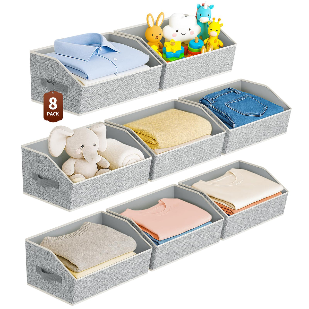 Homsorout Large Closet Organizers and Storage Bins - 8 Pack Trapezoid Storage Baskets for Shelves, Foldable Fabric Baskets with Handles Ideal for Closet, Basket, Wardrobe and Shelf Storage, Beige