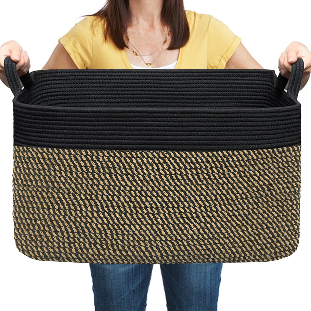 COMFY-HOMI Cotton Rope Woven Basket with Handles for Shelves,Toys,Book, Cloth Storage Baskets Bin for Organizing- 1 PCSToy Decorative Organizer for Living Room, Bathroom
