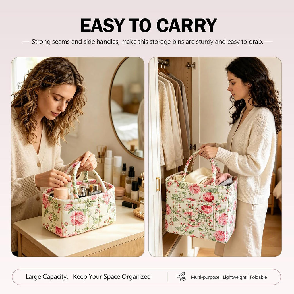 vctops 2 Pack Boho Fabric Quilted Storage Baskets for Organizing, Basket Organizer Gift Basket with Handles, Storage Bins for Toys, Books, Towels, and Clothes, Collapsible Fabric(Floral A)
