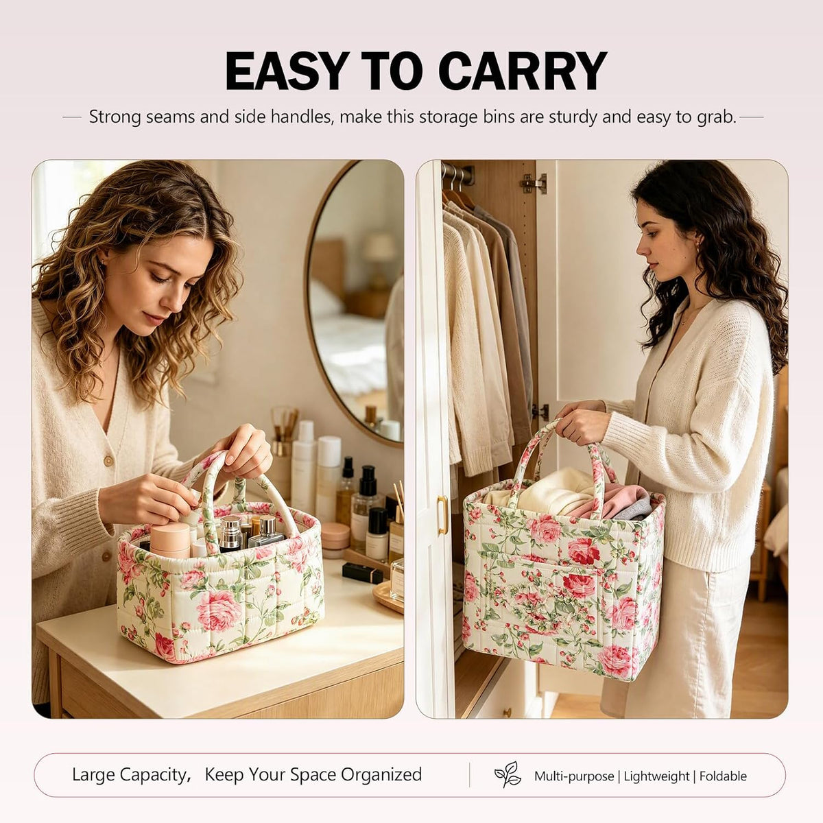 vctops 2 Pack Boho Fabric Quilted Storage Baskets for Organizing, Basket Organizer Gift Basket with Handles, Storage Bins for Toys, Books, Towels, and Clothes, Collapsible Fabric(Floral A)