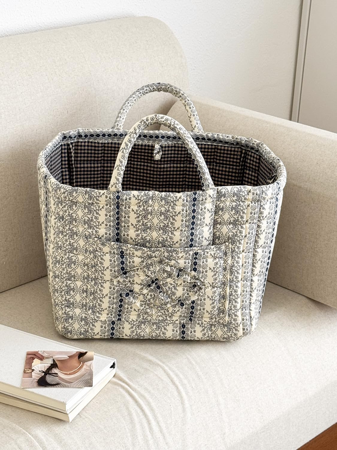 Storage Basket Boho Fabric Large Collapsible Floral Laundry Nursery Hamper Portable Folding Storage for Clothes Toys (Vine-Blue A)