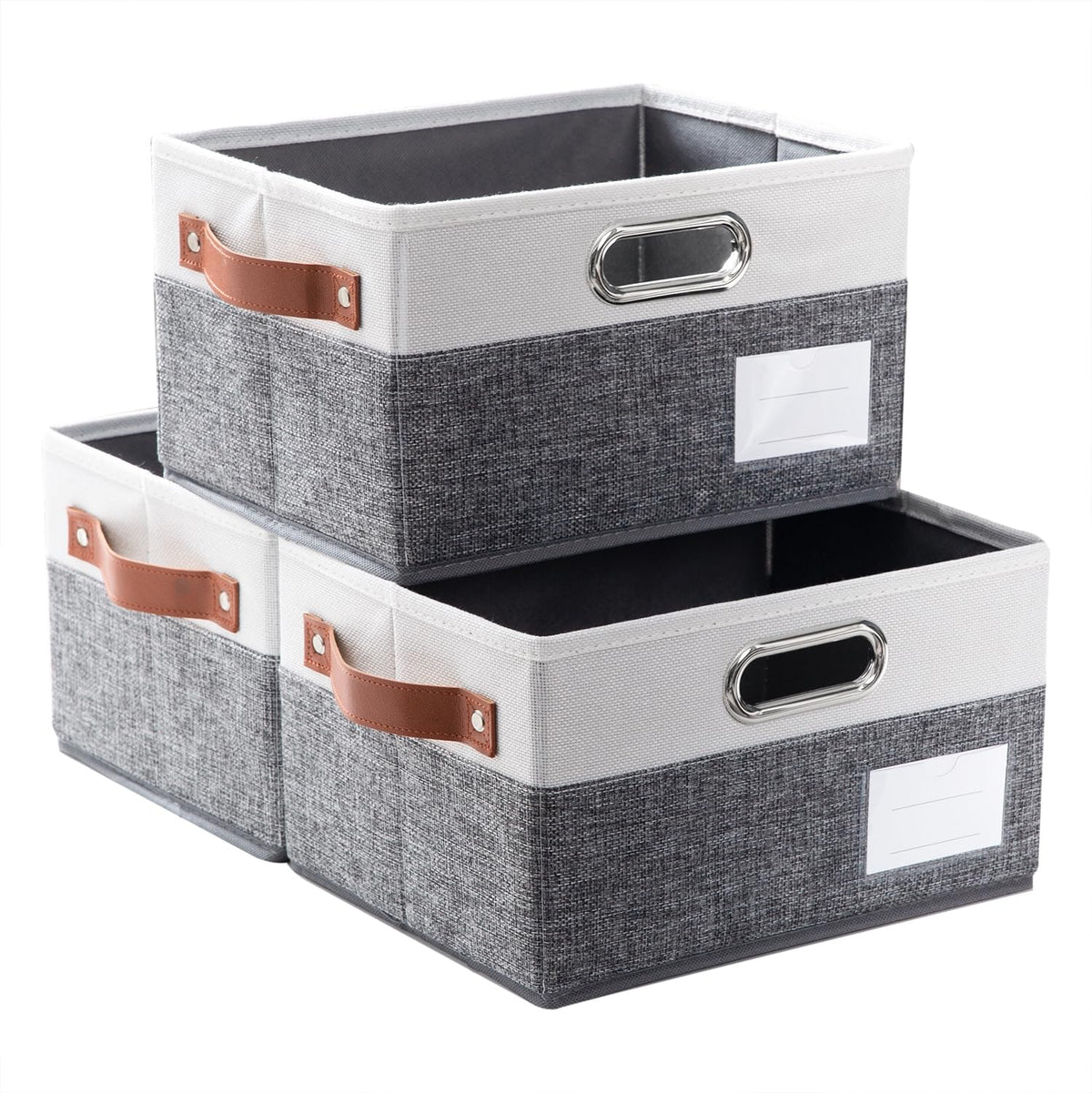 PRANDOM Large Foldable Storage Bins for Shelves [3-pack] Decorative Linen Fabric Storage Baskets Cubes with Leather/Metal Handles for Closet Nursery Office Grey and Black Trim (14.9x9.8x8.3 Inch)