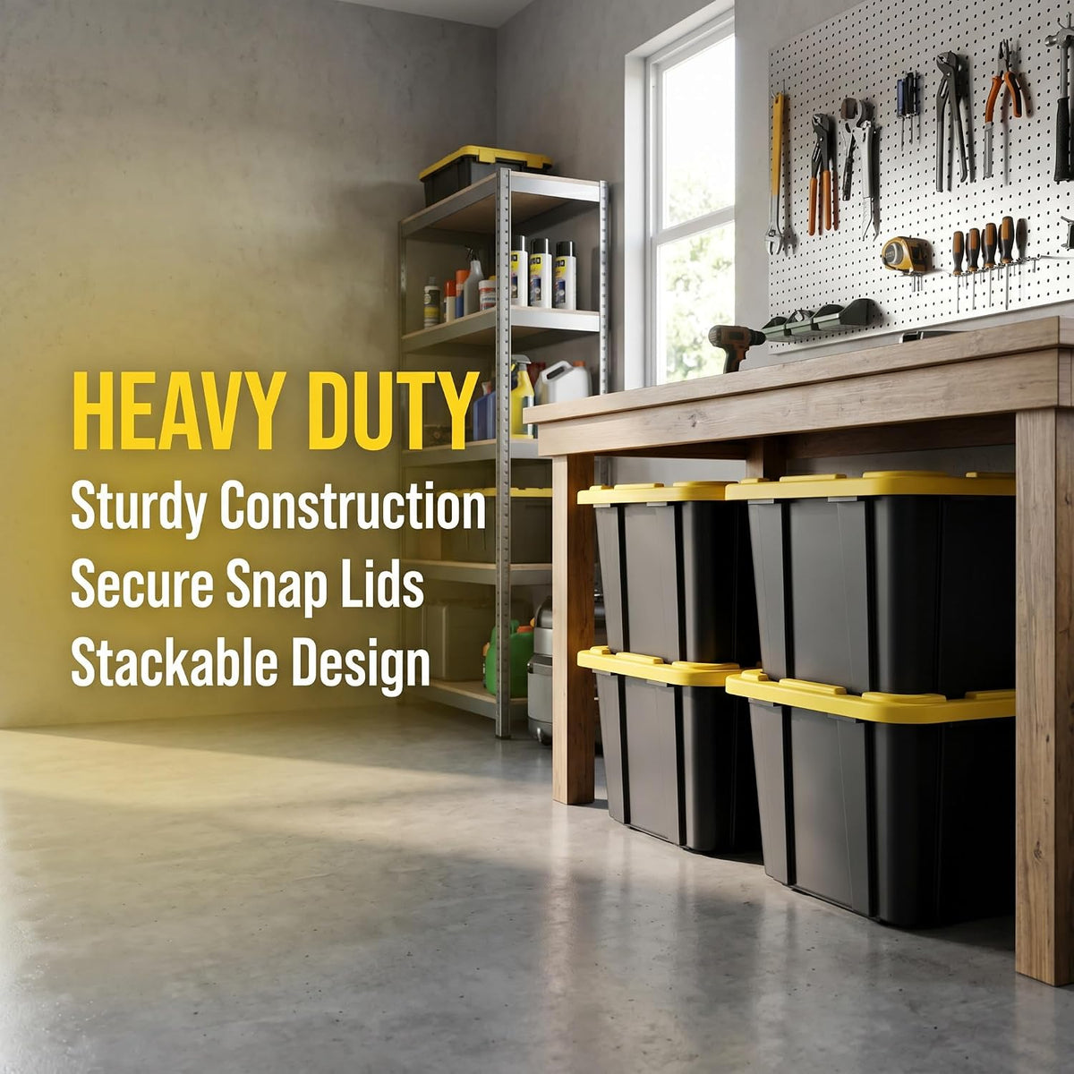 6 Pack 27 Gallon Heavy Duty Storage Bins with Snap Lids, Durable Plastic Storage Totes with Stackable Black Containers & Yellow Latching Covers for Home Garage Moving Organization