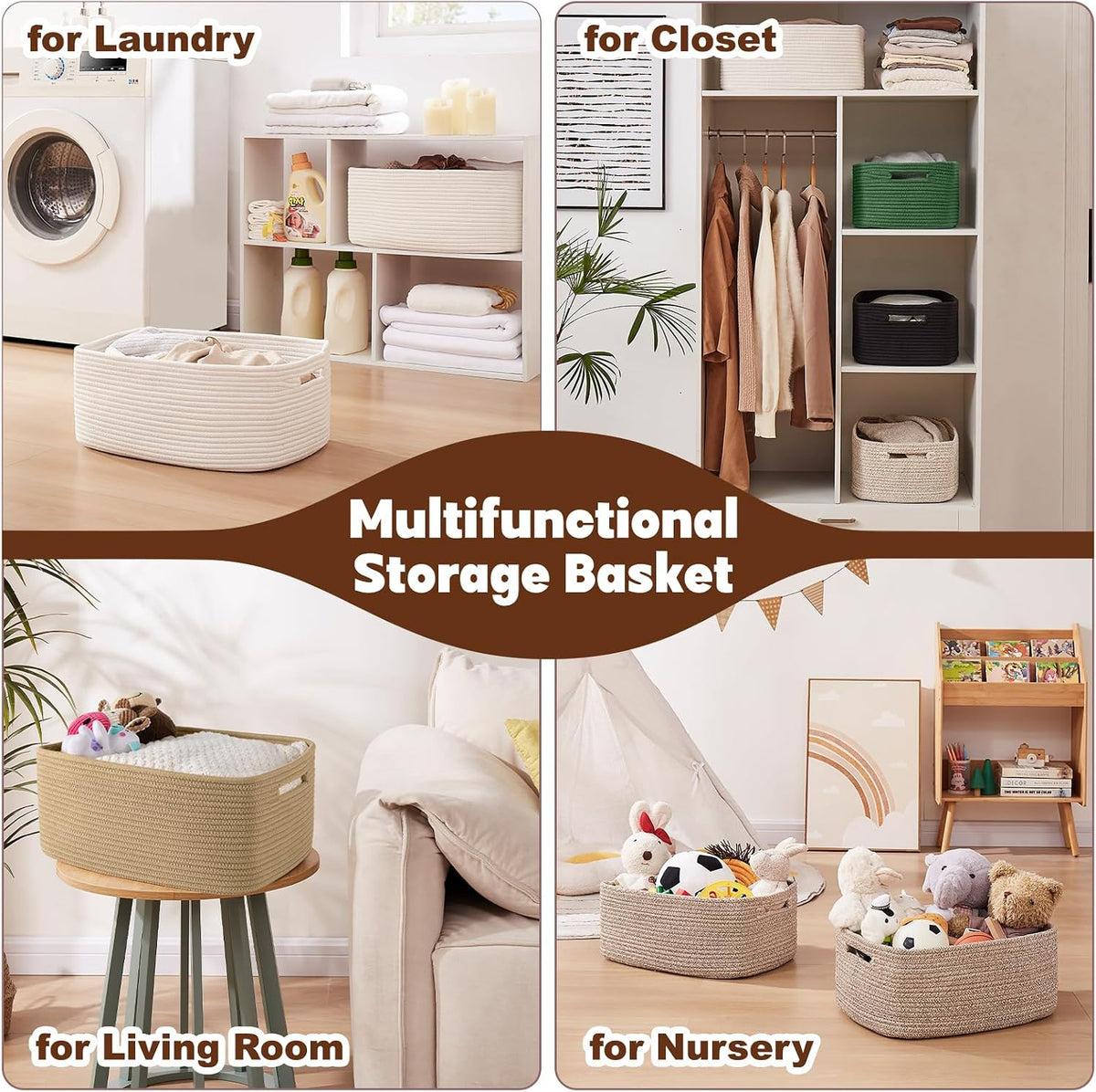 OIAHOMY Storage Basket for Shelves, Closet Cube Storage Bins Baskets for Clothes Blanket Towels, Baby Nursery, Toy Baskets Box, Woven Rope Basket, 15.75 * 11.81 * 7.09 IN, 2 Packs Brown