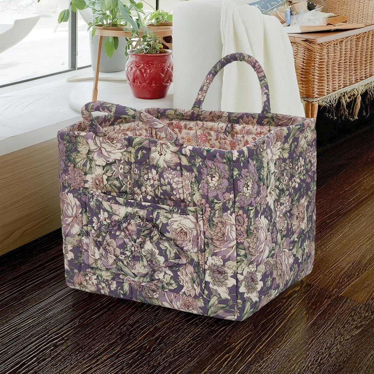Quilted Laundry Basket with Handles - Multi-Purpose Fabric Storage Basket，Boho Fabric Storage Baskets with Handles for Car, Home & Nursery - Collapsible Square Organizer (Purple)