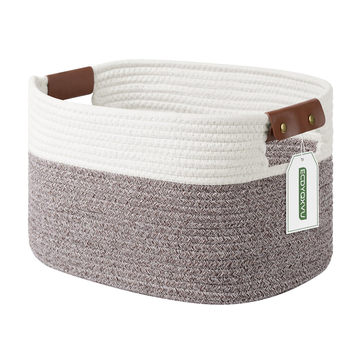 ECDYQXVU 15x10x9 Woven Cotton Rope Storage Basket, Leather Handles 1 Pack