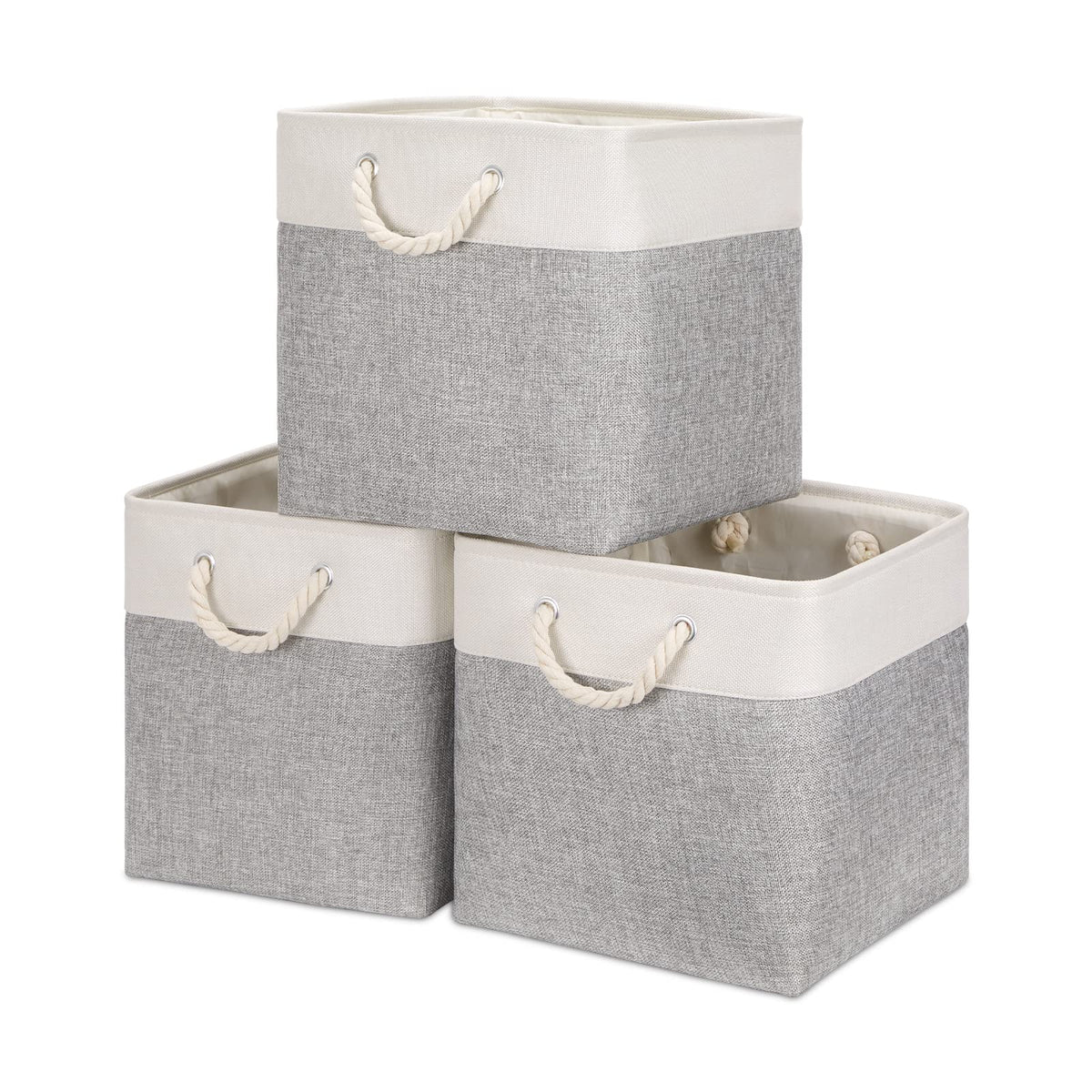 Bidtakay Baskets Set of 3 Storage Baskets for Organizing Large Fabric Storage Bins for Shelves Decorative Canvas Bins Collapsible Empty Baskets for Closet,Nursery,Clothes,Toys,Shoes(White&Grey)