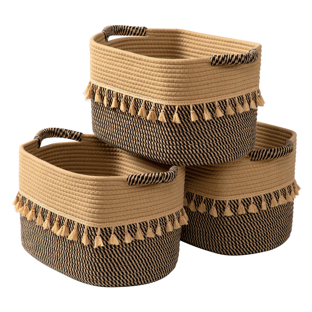 TeoKJ Woven Storage Bin Set of 3, Cotton Rope Basket for Storage, Clothes Boho Basket Bin for Organizing, Fabric Basket for Books, Plants, Pet Treats, White & Jute