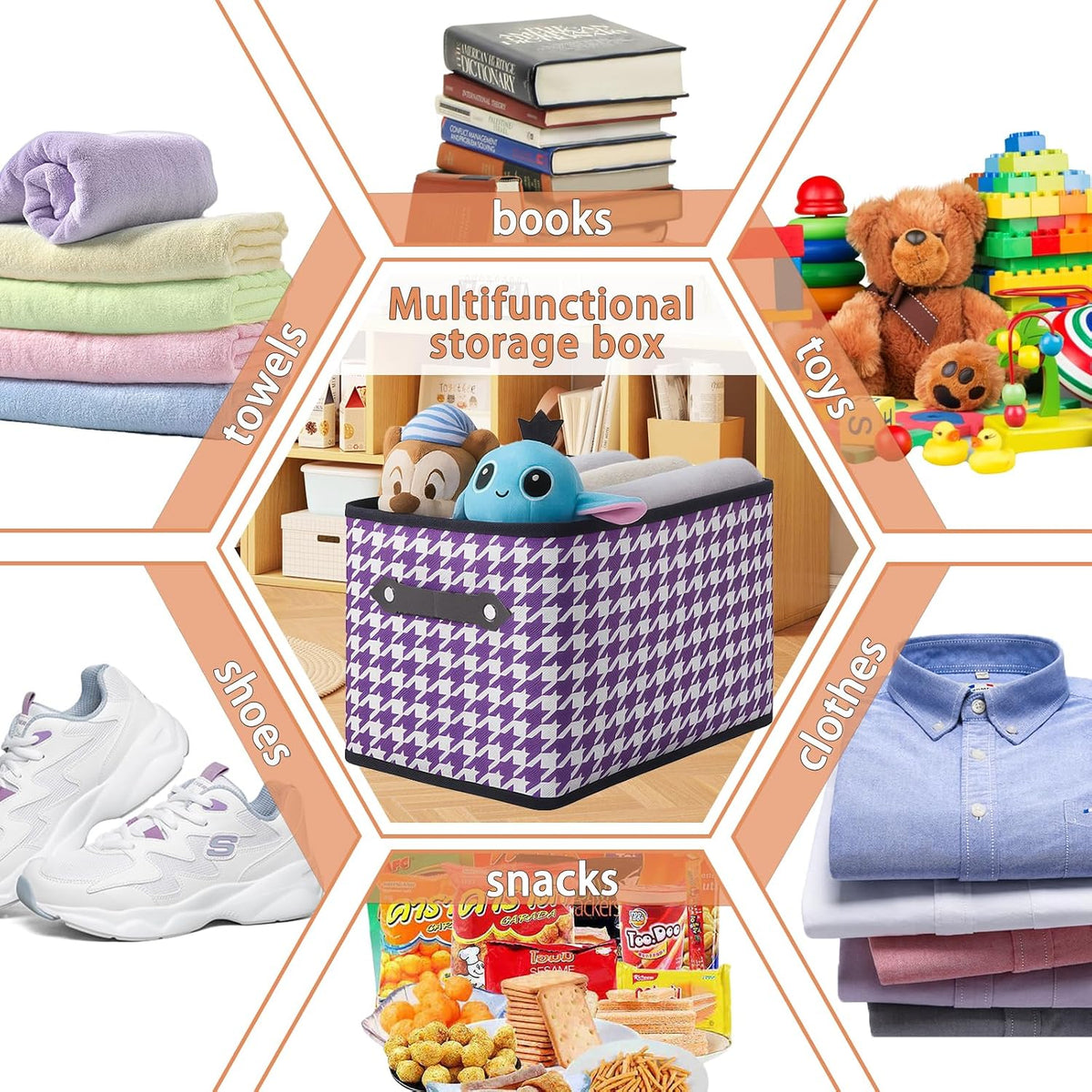 1 Pack Large Collapsible Storage Baskets for Shelves,14.9"x9.5" Fabric Closet storage Boxes with Leather Handles,Decorative Organizers Storage Bins for Clothes,Sheets,Books,(Purple Houndstooth