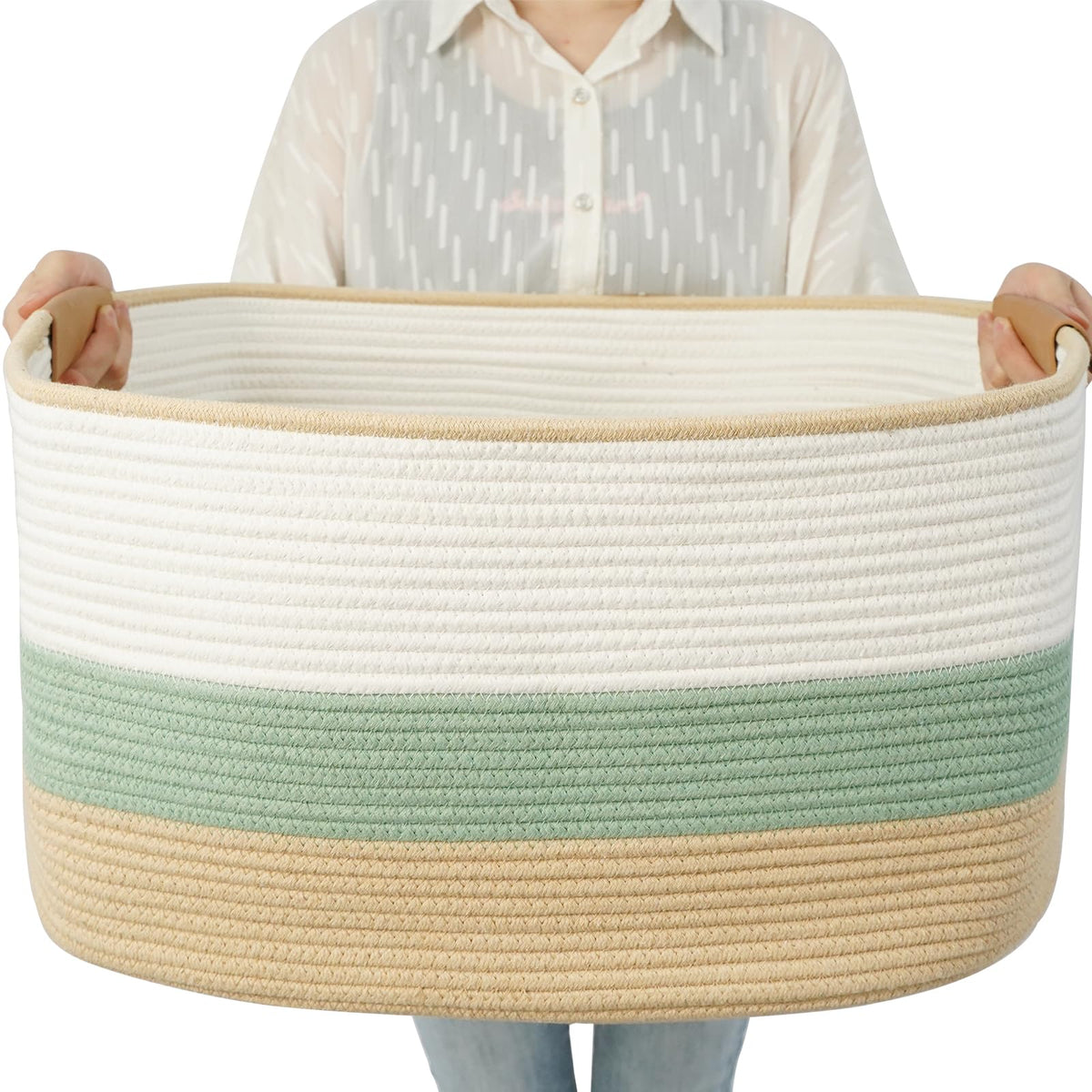 danpinera Blanket Basket, 72L Woven Storage basket with Leather Handle, Eco-friendly Decorative Storage Organization in Bathroom & Living Room for Towels 22 ''*17 ''*11.8 '', Gradient Brown