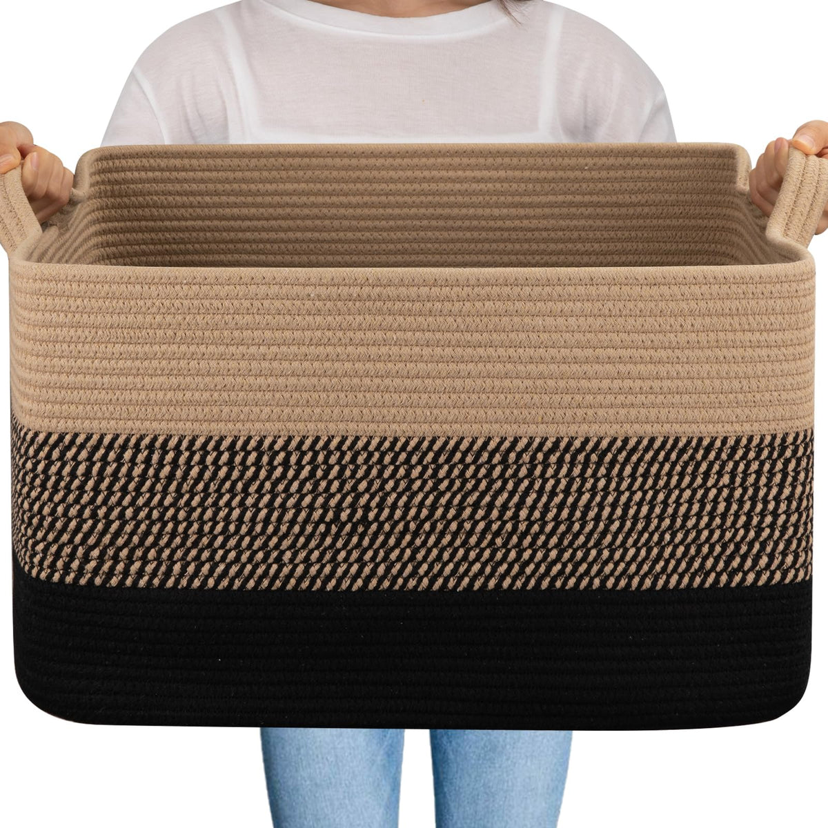 OIAHOMY Large Blanket Basket, 65L Cotton Rope Woven Laundry Basket, Toy Bin for Baby Room, Container for Blanket Storage in Living Room, 20''×16''×12'', Gradient Brown