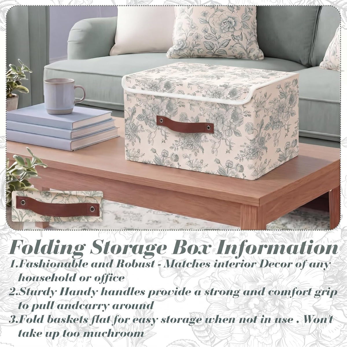 2 Pack Sage Green Floral Storage Bin with Lids, 15x10x10 Inch