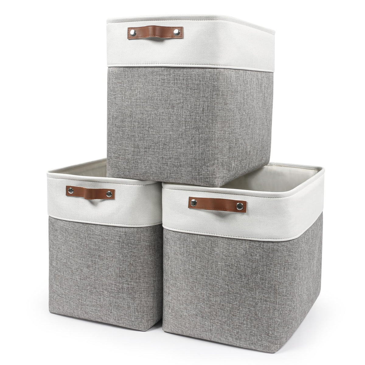 Bagnizer Storage Bins Large Fabric Storage Baskets for Shelves 3 Pack, Decorative Linen Closet Baskets with Handles for Organizing, Shelf, Clothes, Home, Office, 15x11x9.5Inches (Grey&White)