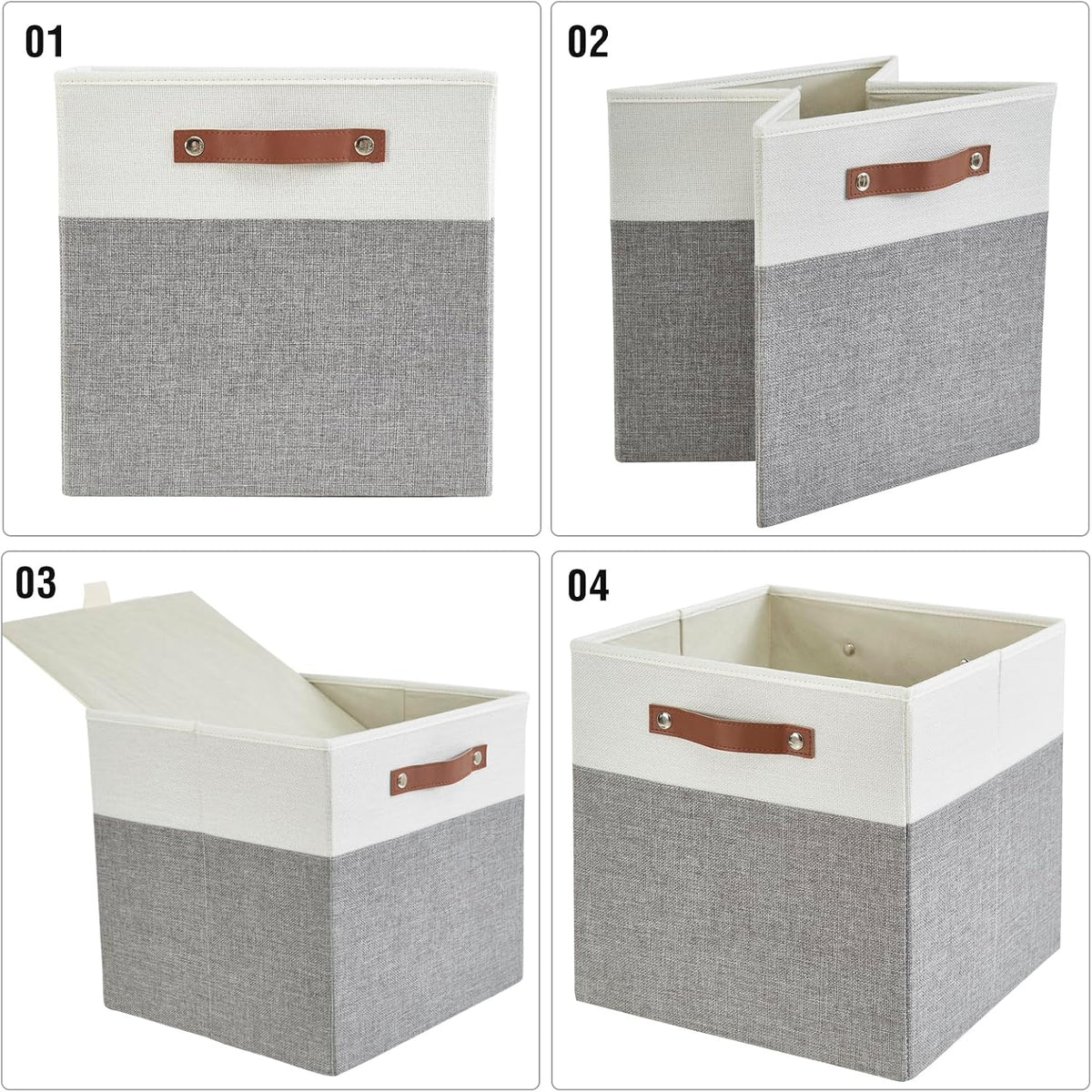Bagnizer Collapsible Fabric Storage Cube Bins with 2 Reinforced PU Handles, Foldable Storage Organizer Baskets for Closet, Shelves, Living Room | 13"x13"x13", 4 Pack, Gray & White