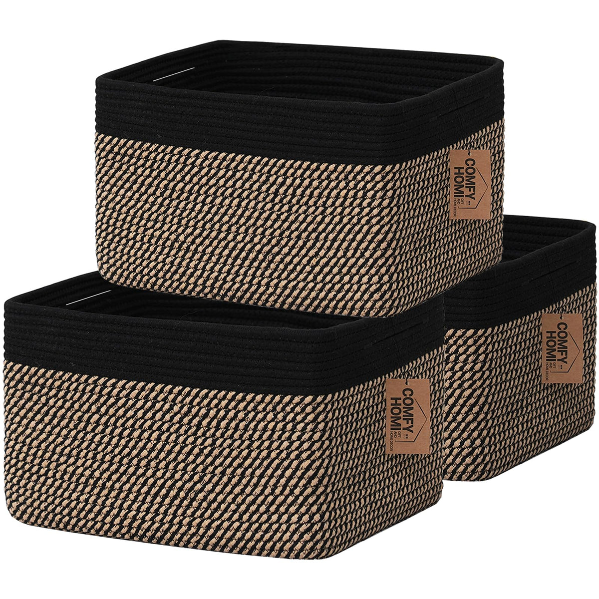 COMFY-HOMI 3PACK Cotton Rope Square Basket with Handles for Shelves|Dog Toy Bin and Storage|Baby Gift|Shoe Organizer|New 13.5" x 11" x 9.5" for Living Room (Black/Jute)