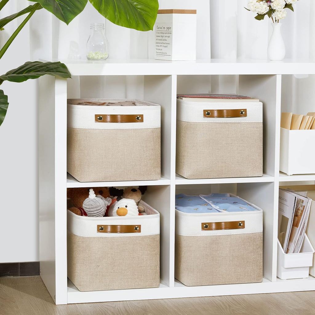 DULLEMELO Fabric Storage Bins for Laundry, Home, Foldable Storage Baskets for Shelves, Toys, Collapsible Storage Bins for Office, Closet,Bedroom(White&Khaki,L-15"x11"x9.5",4-Pack)