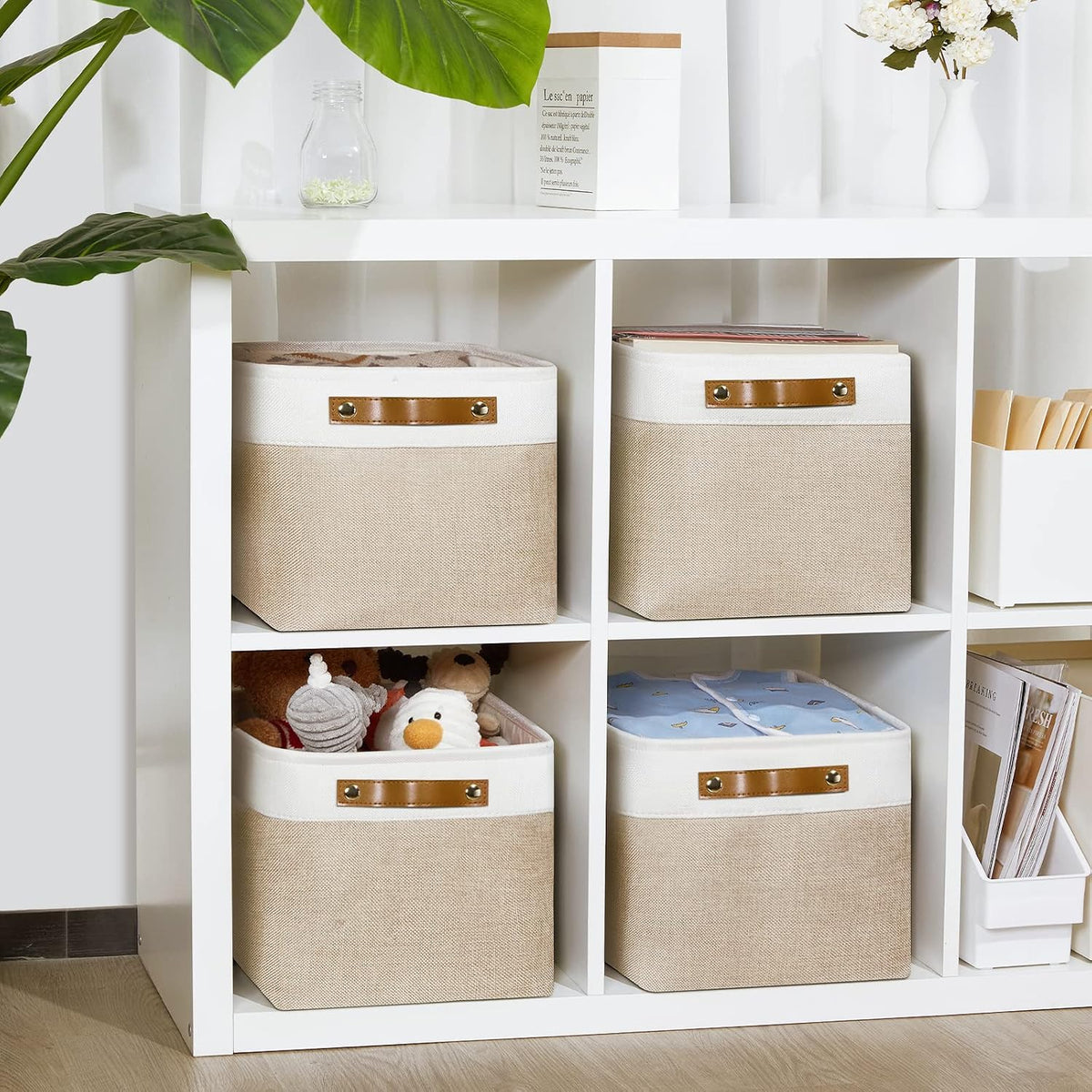 DULLEMELO Fabric Storage Bins for Laundry, Home, Foldable Storage Baskets for Shelves, Toys, Collapsible Storage Bins for Office, Closet,Bedroom(White&Khaki,L-15"x11"x9.5",4-Pack)
