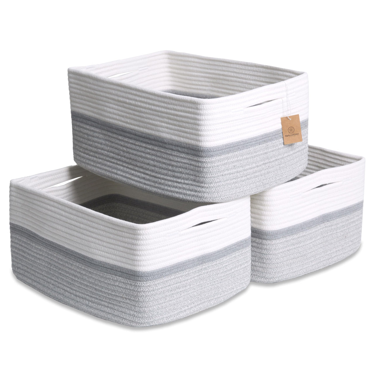 NaturalCozy Storage Baskets 16.8”x13”x7.6” Cotton Rope Woven Baskets for Organizing 3-Pack | Toy Storage Bins | Basket for Shelves, Laundry, Blanket, Clothes, Closet, Kitchen, Bathroom, Gifts