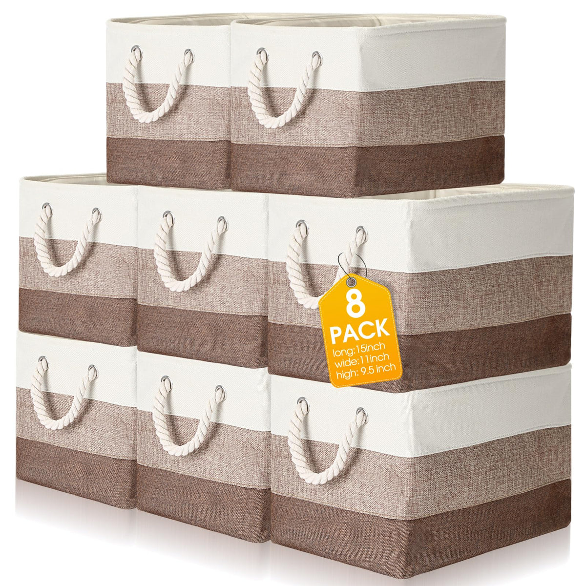 meekoo 8 Pack Fabric Storage Bins Baskets, 15 x 11 x 9.5 in, Gray White