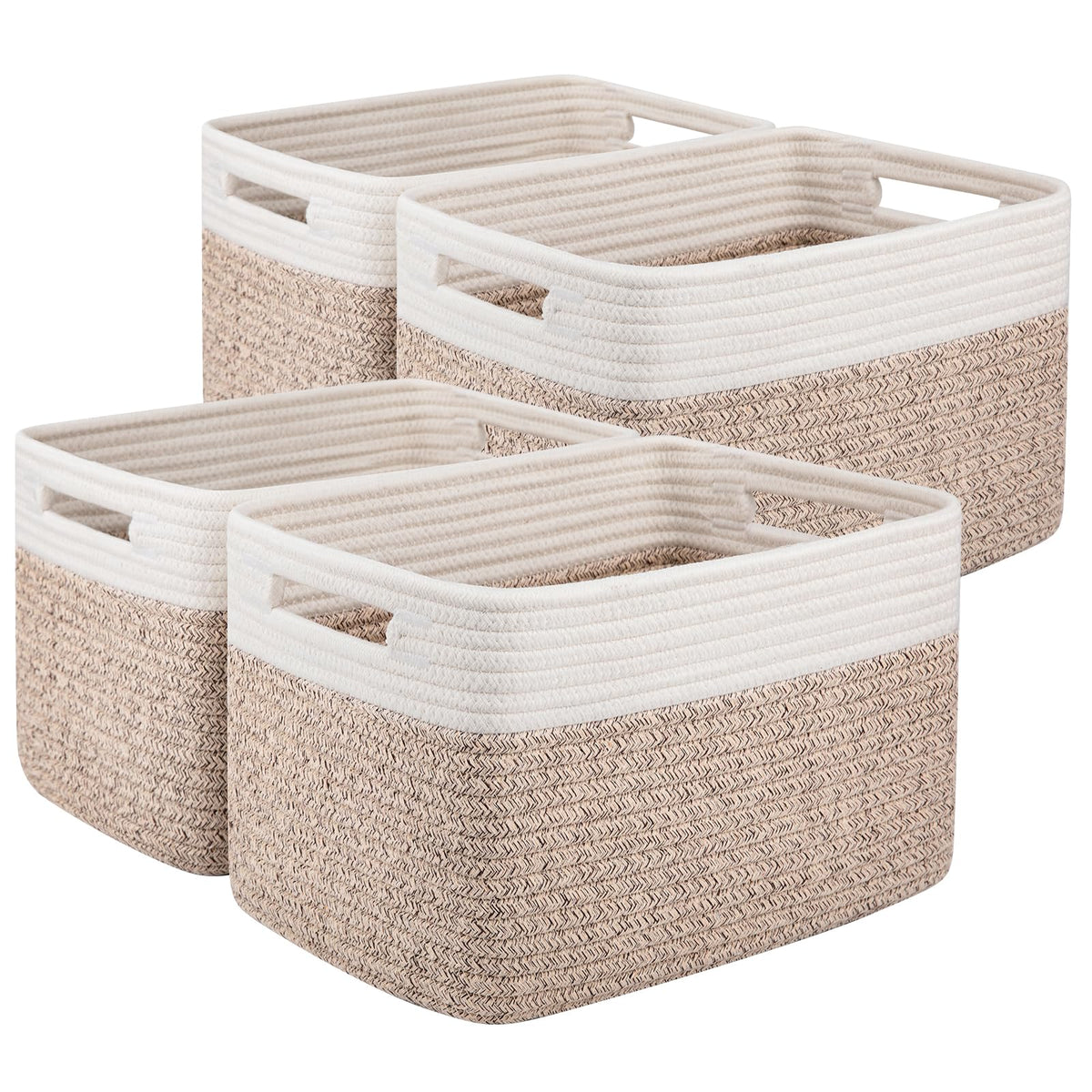 OIAHOMY 4 Pack Storage Basket, 13"x9"x7.8" Cotton Rope Baskets for Shelves, Closet Organizer for Bedroom & Living Room, Soft Decorative Bins for Organizing Towels, Books & Toys, Brown & White