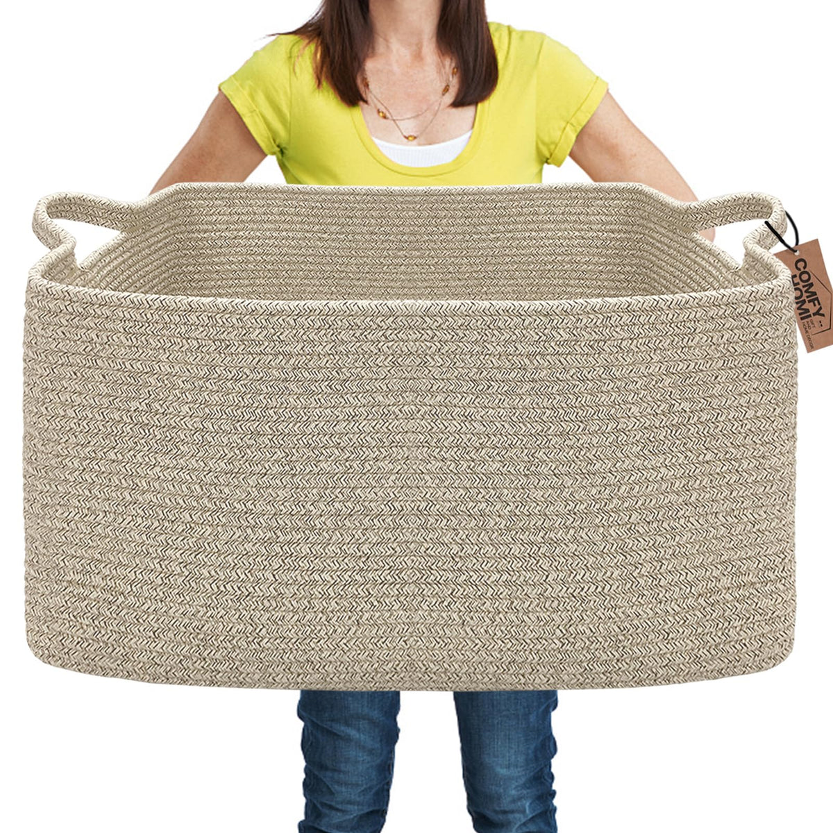 COMFY-HOMI Cotton Rope Woven Basket with Handles for Shelves,Toys,Book, Cloth Storage Baskets Bin for Organizing- 1 PCSToy Decorative Organizer for Living Room, Bathroom