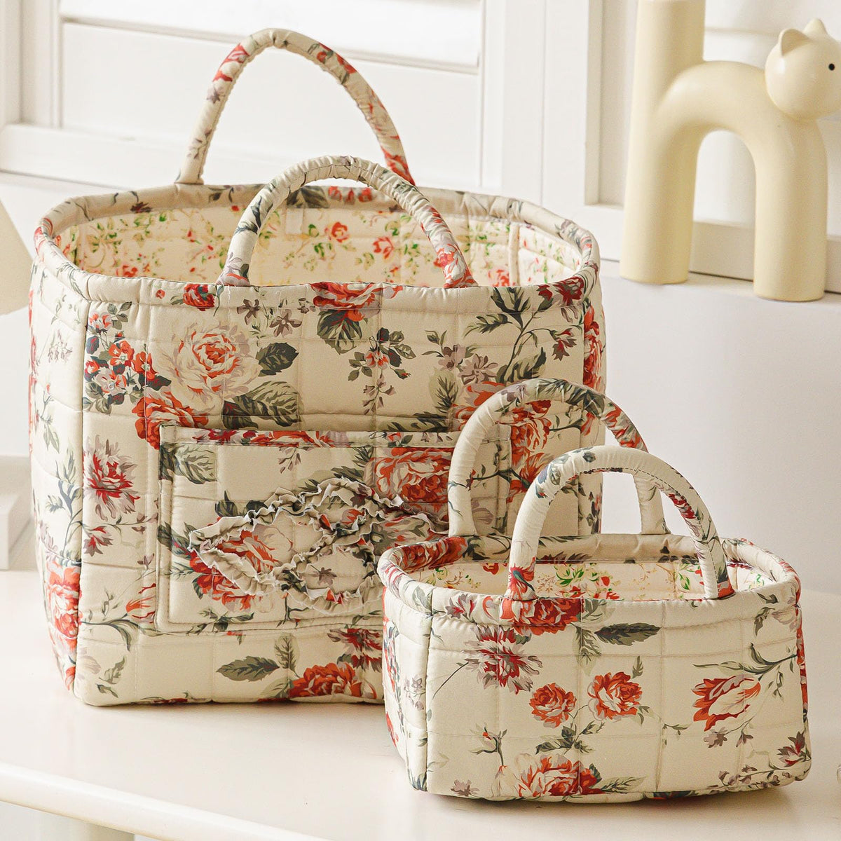 vctops 2 Pack Boho Fabric Quilted Storage Baskets for Organizing, Basket Organizer Gift Basket with Handles, Storage Bins for Toys, Books, Towels, and Clothes, Collapsible Fabric(Floral A)