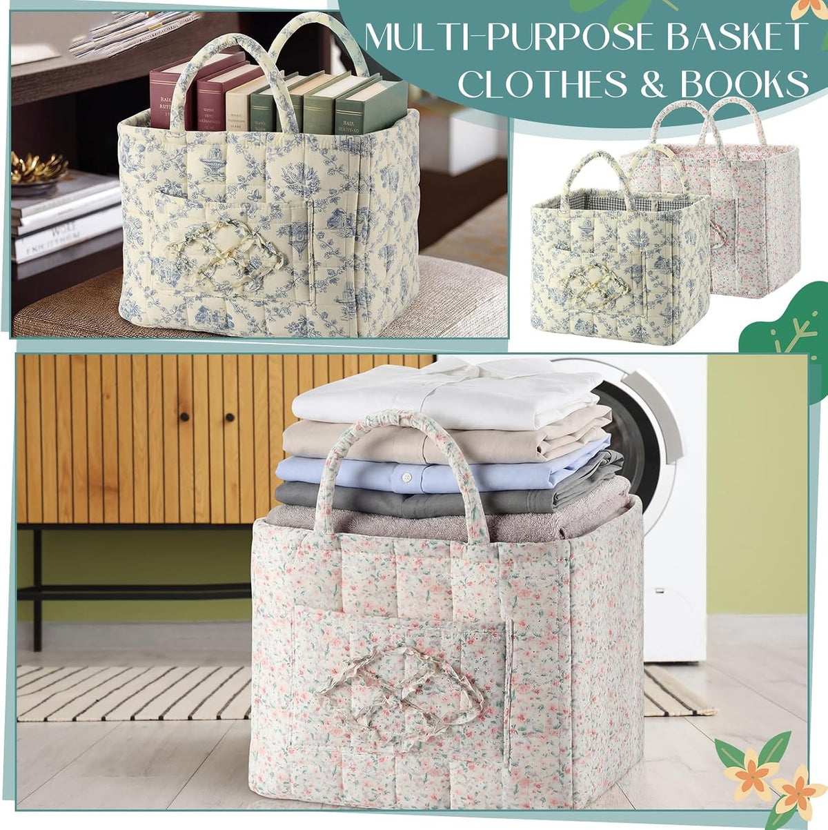 2 Pcs Boho Fabric Storage Basket, Blue & Pink Floral