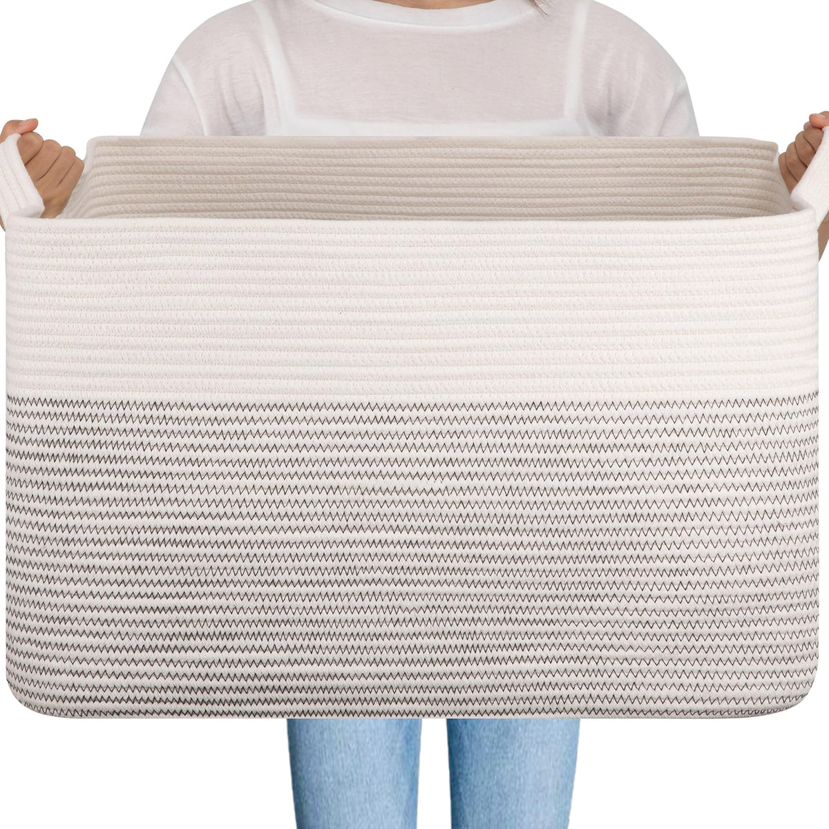 OIAHOMY Large Blanket Basket, 65L Cotton Rope Woven Laundry Basket, Toy Bin for Baby Room, Container for Blanket Storage in Living Room, 20''×16''×12'', Gradient Brown