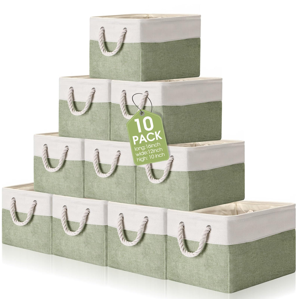 FoldTier 10 Pack Large Collapsible Fabric Storage Baskets with Handles Decorative Storage Bins for Organizing Shelves Toys Clothes(White & Beige,16 x 12 x 10 Inches)