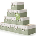 FoldTier 10 Pack Large Collapsible Fabric Storage Baskets with Handles Decorative Storage Bins for Organizing Shelves Toys Clothes(White & Beige,16 x 12 x 10 Inches)