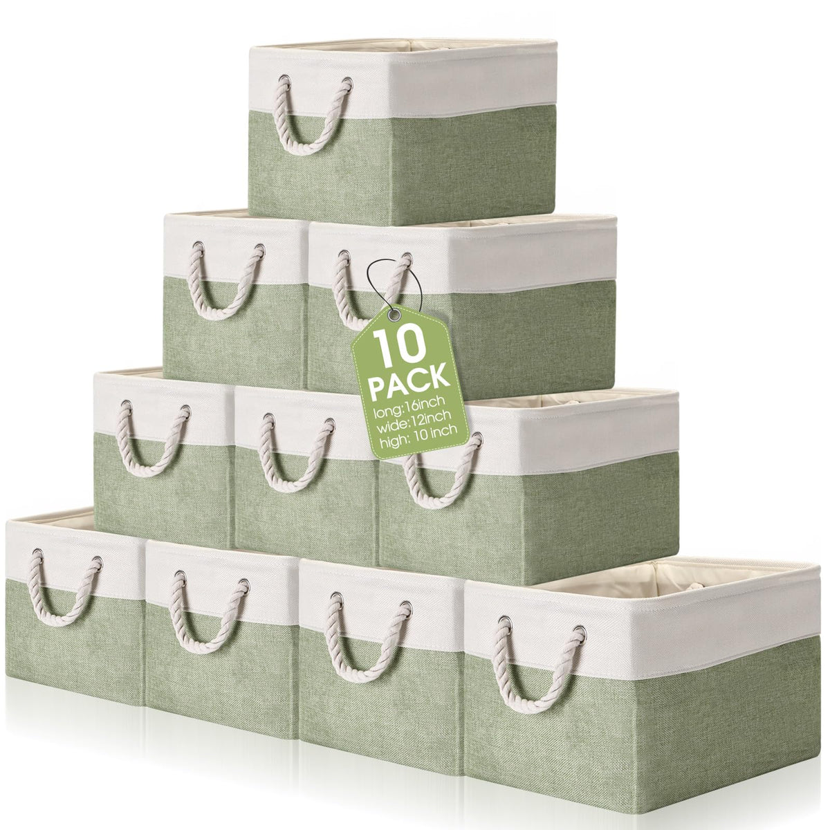 FoldTier 10 Pack Large Collapsible Fabric Storage Baskets with Handles Decorative Storage Bins for Organizing Shelves Toys Clothes(White & Beige,16 x 12 x 10 Inches)